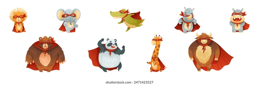 Animal Character Superhero Dressed in Mask and Red Cape or Cloak Vector Set