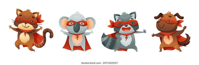 Animal Character Superhero Dressed in Mask and Red Cape or Cloak Vector Set