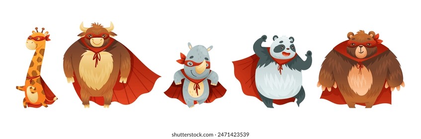 Animal Character Superhero Dressed in Mask and Red Cape or Cloak Vector Set