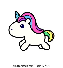 Animal character. A Unicorn in colorful hair and tail is running on white background.