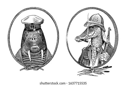 Animal character. Walrus sailor and crocodile safari hunter or alligator. Hand drawn marine portrait. Engraved old monochrome sketch for card, label or tattoo. Creature in hipster style.