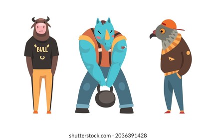 Animal Character Wearing Human Clothing Holding Hands in Pocket and Lifting Heavy Kettlebell Vector Set