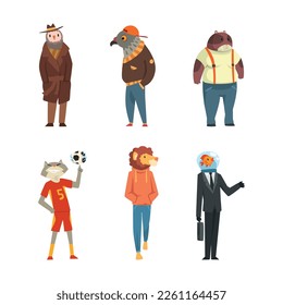 Animal Character Wearing Human Clothing Standing and Walking Vector Set