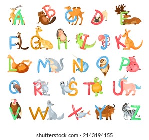 Animal characters with alphabet letters vector illustrations set. Collection of cute comic zoo animals with ABC for preschool children book isolated on white background. Education, wildlife concept