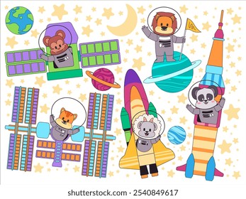 Animal characters astronaut cosmonaut sky space spaceship satellite planets stars moon cosmic astronomy spacecraft station rocket cartoon colorful design icon set