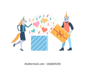 Animal characters in birthday hats stand near open big gift box with colorful confetti and hearts. Surprise for birthday, anniversary, valentine`s day. Loving couple celebrate holiday. Vector on white