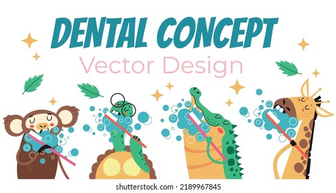 Animal characters clean teeth with toothbrush. Dental dentist tooth care banner poster concept. Vector graphic design illustration