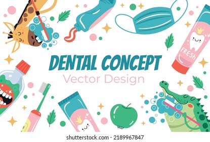 Animal characters clean teeth with toothbrush. Dental dentist tooth care banner poster concept. Vector graphic design illustration