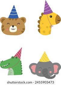 animal characters with cute birthday hats