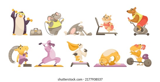 Tierfiguren, die Sportcartoon-Illustrationssatz machen. Rute Haustiere, die Hantel heben, Yoga praktizieren, Laufband laufen, Springen, Stretching, Step-Aerobic machen. Fitness, Aktivitätskonzept