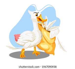 Animal characters. Funny goose with a goose feather pillow. Cartoon style. For illustrating books. Children's illustration.