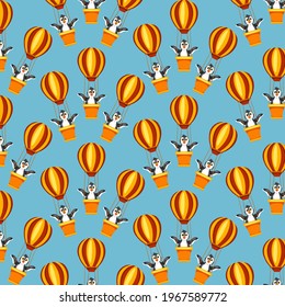 Animal characters. Funny penguin in a hot air balloon. Seamless pattern. Cartoon style. For illustrating books. Children's illustration.