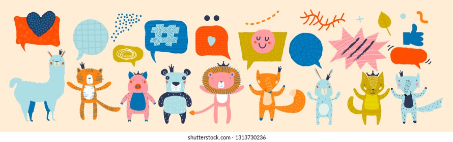 Animal Characters Having a Discussion About Event or Meeting. Business Discussion Social Network Illustrated with Animals. Projects, News, Media, Social Network, Chat, Dialogue, Speech Bubbles