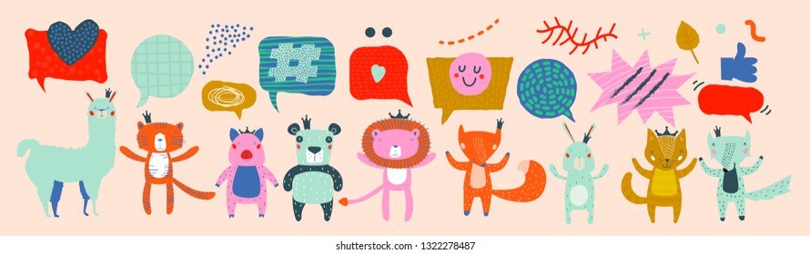 Animal Characters Having a Discussion About Event or Meeting. Business Discussion Social Network Illustrated with Animals. Projects, News, Media, Social Network, Chat, Dialogue, Speech Bubbles
