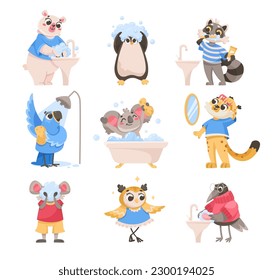 Animal Characters and Hygiene Rules Washing and Grooming Vector Set