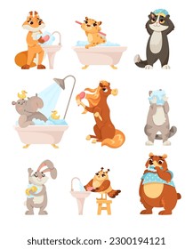 Animal Characters and Hygiene Rules Washing and Grooming Vector Set