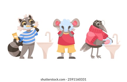 Animal Characters and Hygiene Rules Washing and Grooming Vector Set