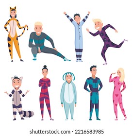 Animal characters pajama. Bundle of men and women dressed in onesies representing various animals. Peoples wearing jumpsuits or kigurumi. Pajama party, person in costumes