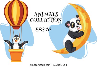 Animal characters. Panda on the moon and Penguin in a balloon. Cartoon style. Children's illustrations in the bedroom, for printing in the book. Vector illustration for design and decoration.