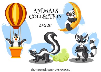 Animal characters. Penguin in a hot air balloon. Skunk with a smelly cloud. Raccoon with a mask for sleeping. Panda on the moon. Cartoon style. For illustrating books. Children's illustration.