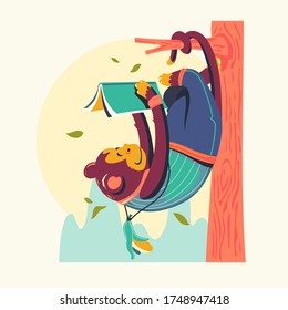 Animal Characters Reading Books Vector Illustration. Monkey Bookworm