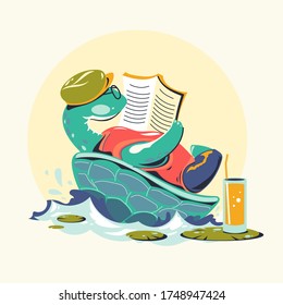 Animal Characters Reading Books Vector Illustration. Turtle Bookworm