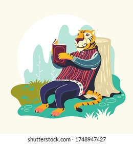 Animal Characters Reading Books Vector Illustration. Tiger Bookworm