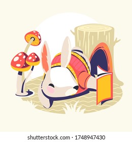 Caracteres Animales Leyendo Libros Ilustración Vector. Rabbit Bookworm