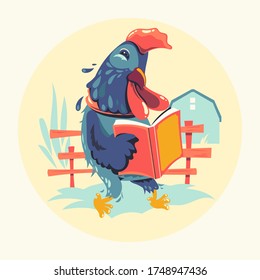 Animal Characters Reading Books Vector Illustration. Rooster Chicken Bookworm