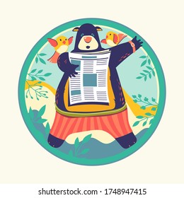 Animal Characters Reading Newspaper Vector Illustration. Bear Bookworm