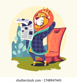 Animal Characters Reading Newspaper Vector Illustration. Lion Bookworm