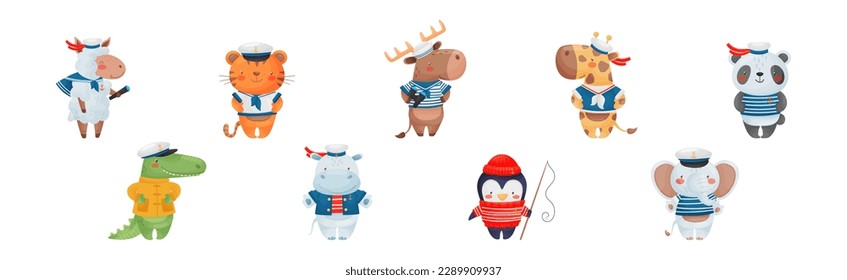 Animal Characters Sailors and Seaman in Cap Vector Set