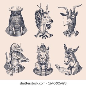 Animal characters set. Deer lady Walrus Crocodile Smoking Goat Dog Donkey Alpaca Llama skier. Hand drawn portrait. Engraved monochrome sketch for card, label or tattoo. Hipster Anthropomorphism.