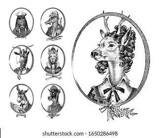 Animal characters set. Deer lady Walrus Crocodile Smoking Goat Dog Donkey Alpaca Llama skier. Hand drawn portrait. Engraved monochrome sketch for card, label or tattoo. Hipster Anthropomorphism.