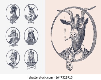 Animal characters set. Smoking Goat Llama skier Deer lady Walrus Crocodile Dog Donkey Alpaca. Hand drawn portrait. Engraved monochrome sketch for card, label or tattoo. Hipster Anthropomorphism.