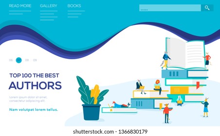 Animal characters standing, sitting, lying with laptops between books. Concept of top 100 the best authors, love of reading, learning, bestseller list. Vector flat design. Place for text, copy space.