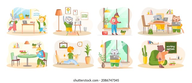Animal characters students or pupils spending time in school. Cute cartoon beasts at school with textbook, schoolbag studying in classroom. Back to school concept, education theme scenes set