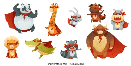 Animal Characters Superhero Dressed in Mask and Red Cape or Cloak Vector Set