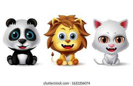 Animal characters vector set. Panda, bear, lion and cat animal characters in sitting pose and smiling facial expression isolated in white background. Vector illustration. 