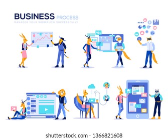 Animal characters working with information on diagrams, graphs, schemes, using devices. Managing of workflow of business project, start up. Vector set clip art isolated on white background.