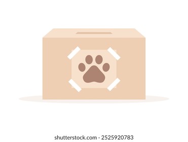 Animal charity box with a paw print sticker on it, isolated on a white background. Flat vector illustration