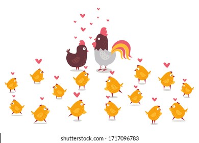 Animal chicken, rooster and yellow little chicks, farm collection vector illustration. Breeding poultry, animal with beak and thin legs. Cartoon chicken offspring, feathered flightless creature.