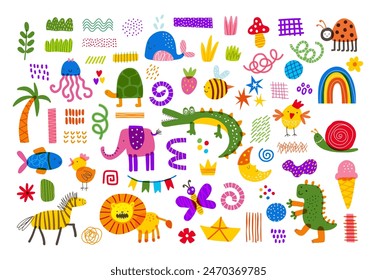 Animal childish. Cute doodle character, figure abstract, icon fun, children shape. Monster, bird and elephant, cartoon zebra and crocodile. Baby nursery. Funny happy creature. Vector art design set