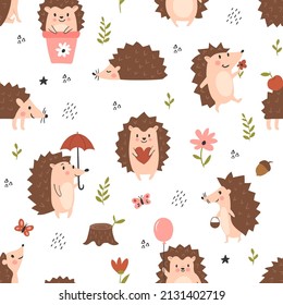 Animal childish pattern with cute hedgehogs, seamless vector background,