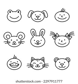 Animal and children faces. Doodle style. Hand drawn characters. Line art icons. Animal muzzles set.