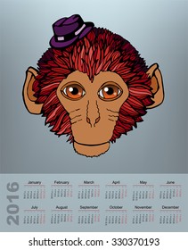 Animal Chinese calendar 2016 cartoon background with portrait Monkey in red color. Vector illustration. 