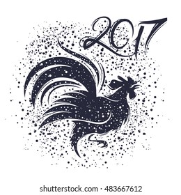 Animal Chinese calendar. Silhouette of Rooster and calligraphy numbers "2017". Vector illustration. Works well as print, emblem, poster, label. Greeting New year card. 