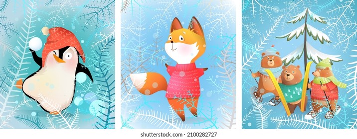 Animal Christmas and New Years greeting cards, design for winter christmas holidays. Animals for kids, winter season greeting card collection. Vector in watercolor style.