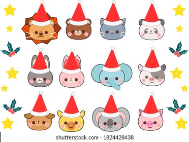 Animal Christmas Santas with hats illustration set