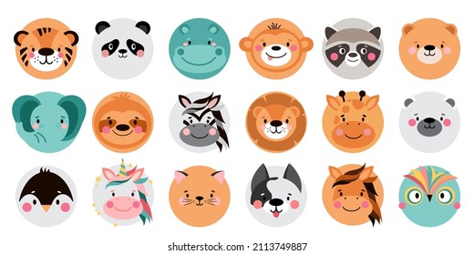 Animal circle face ui. Cute simple icon set. Funny cartoon Muzzles. Vector illustrations on white background